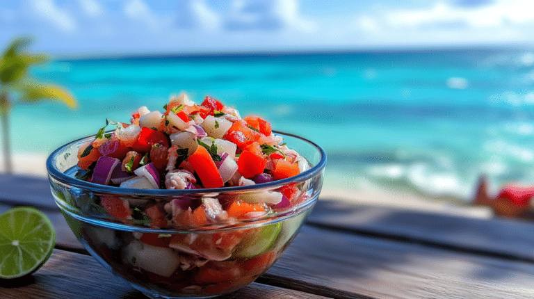 A bowl of vibrant conch salad on a rustic table by a Caribbean beach.
