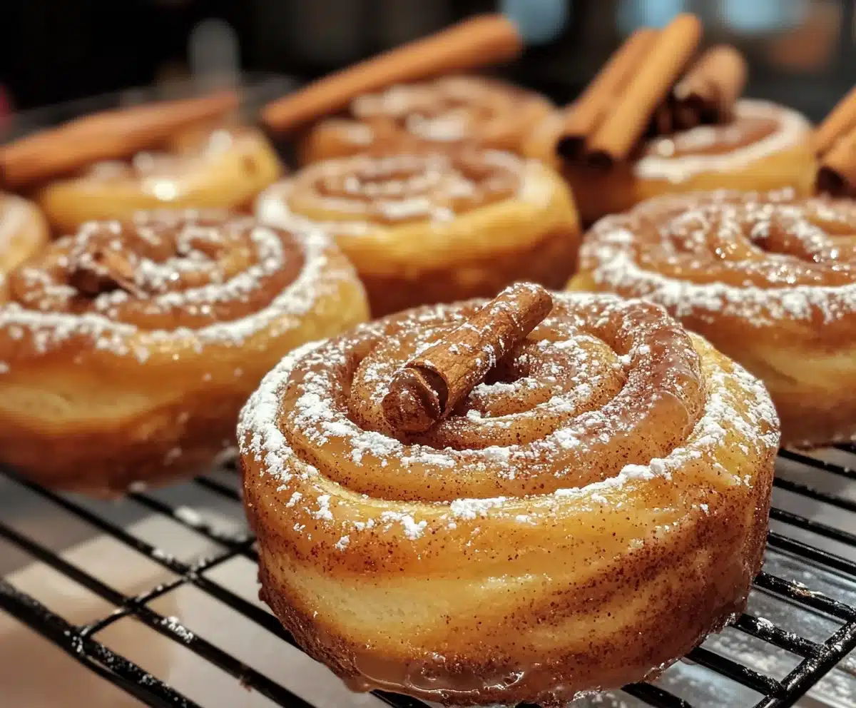 Freshly glazed cinnamon roll donuts on a serving tray
