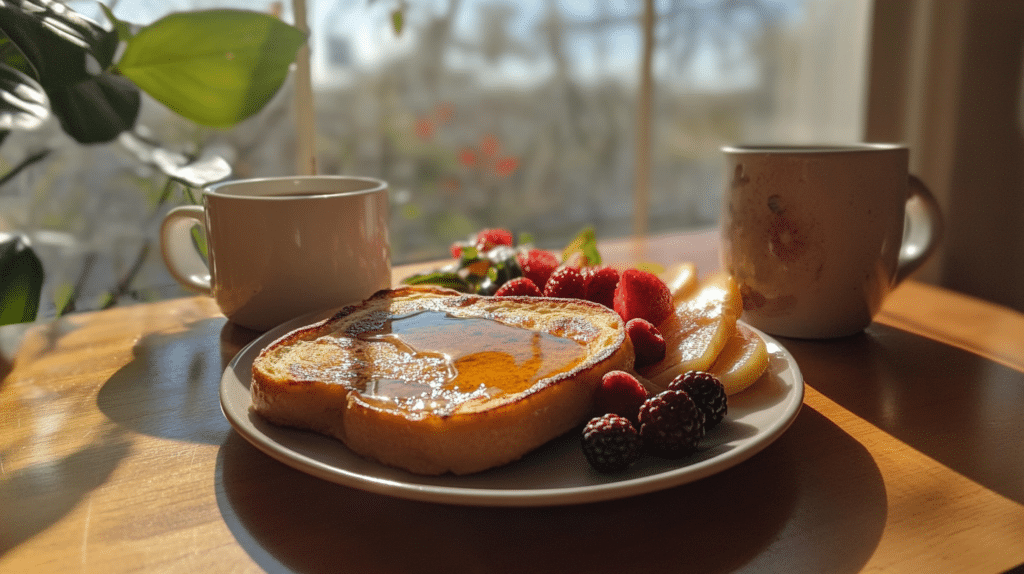 French toast made with sourdough bread, served with fruit and a cup of coffee