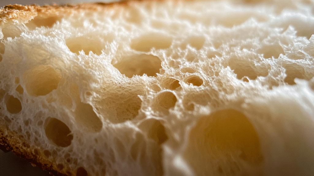 Close-up of sourdough bread texture with large air pockets