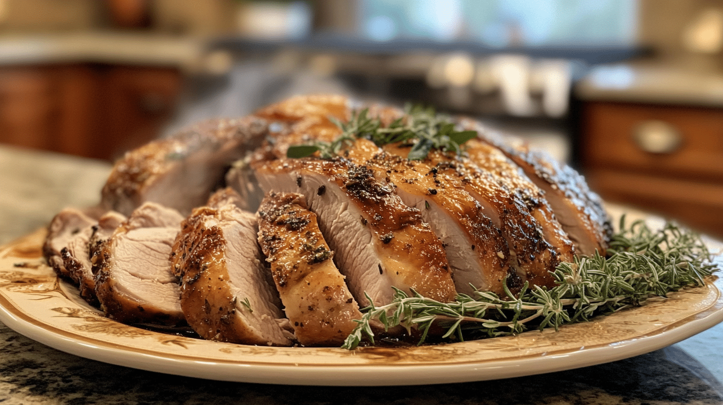 Sliced smoked turkey breast on a plate garnished with fresh herbs.