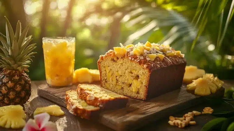 A freshly baked loaf of Hawaiian banana bread, sliced to show the pineapple and coconut filling, surrounded by tropical fruits, macadamia nuts, and a relaxing Hawaiian-inspired setting.