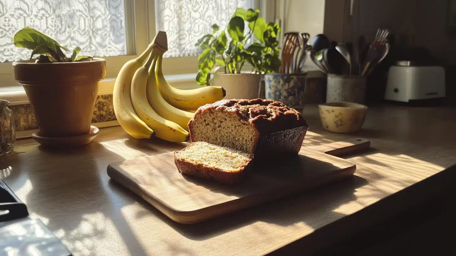 A loaf of banana bread on a wooden cutting board, surrounded by ripe bananas.