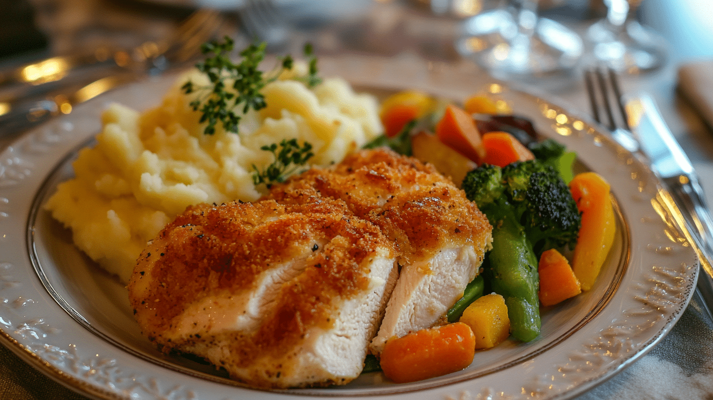 Parmesan crusted chicken served on a plate with sides