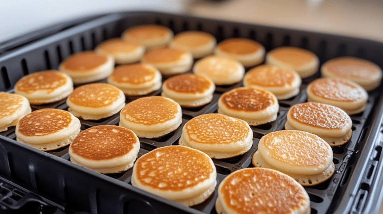Frozen mini pancakes being cooked in an air fryer basket