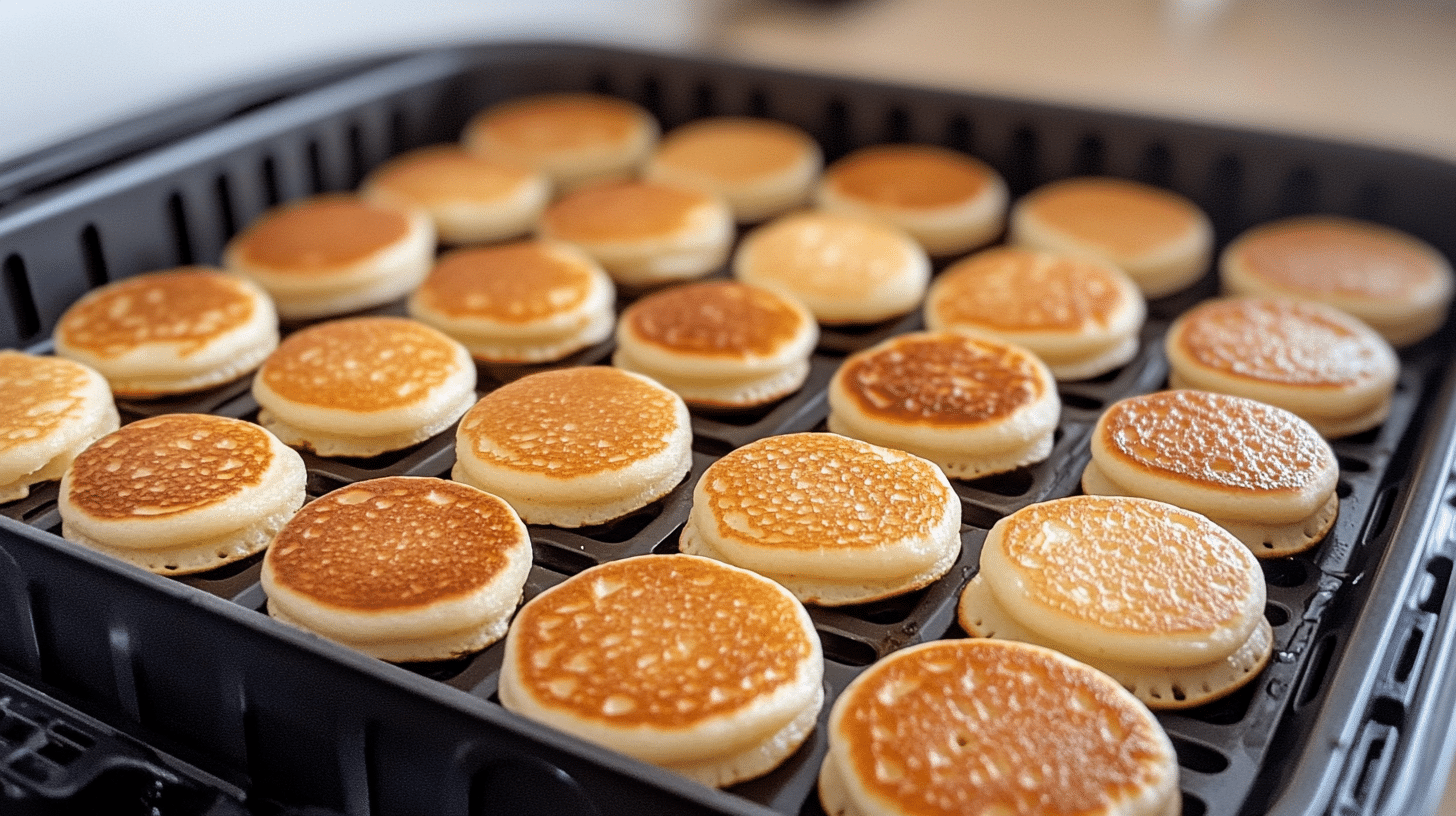 Frozen mini pancakes being cooked in an air fryer basket