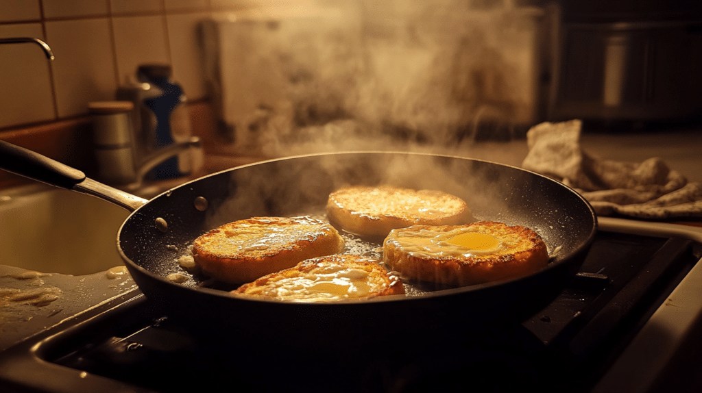 Cooking French toast on a skillet.