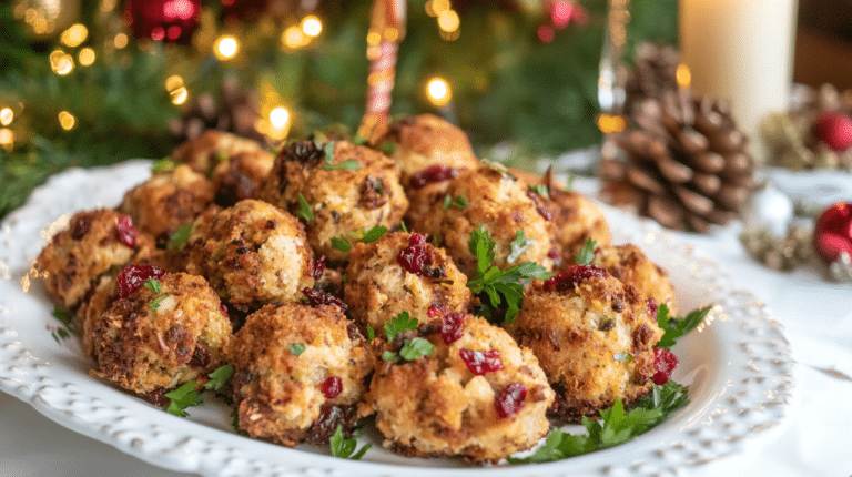 A festive plate of cranberry and turkey stuffing balls served on a holiday table.