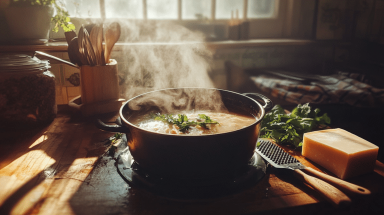 A rustic kitchen scene with a steaming pot of soup and a Parmesan rind surrounded by cooking ingredients.