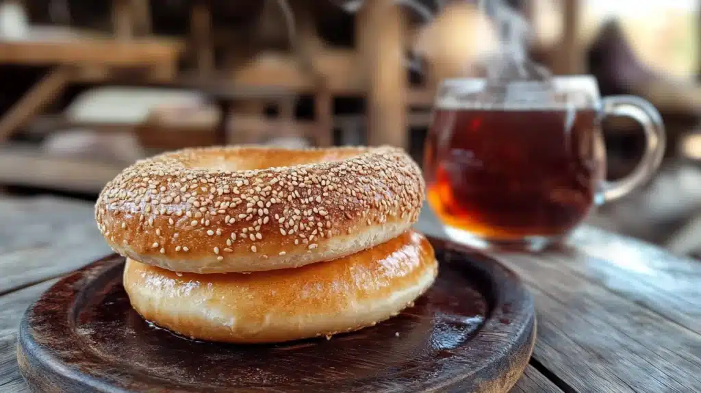 A Turkish simit served with tea.