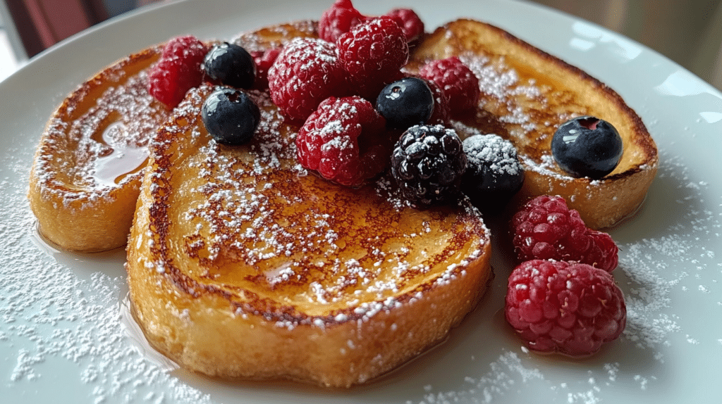Golden French toast made with sourdough bread, topped with maple syrup and berries