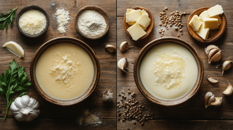 Alfredo and Bechamel sauces in elegant bowls surrounded by fresh ingredients on a rustic table.