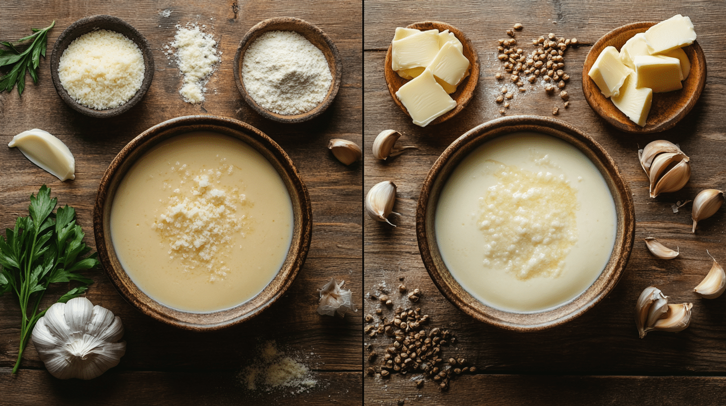 Alfredo and Bechamel sauces in elegant bowls surrounded by fresh ingredients on a rustic table.