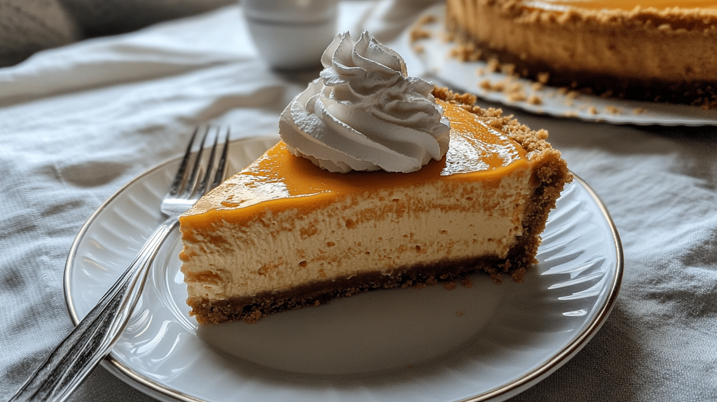 Slice of creamy cheesecake with an orange filling and graham cracker crust on a white plate
