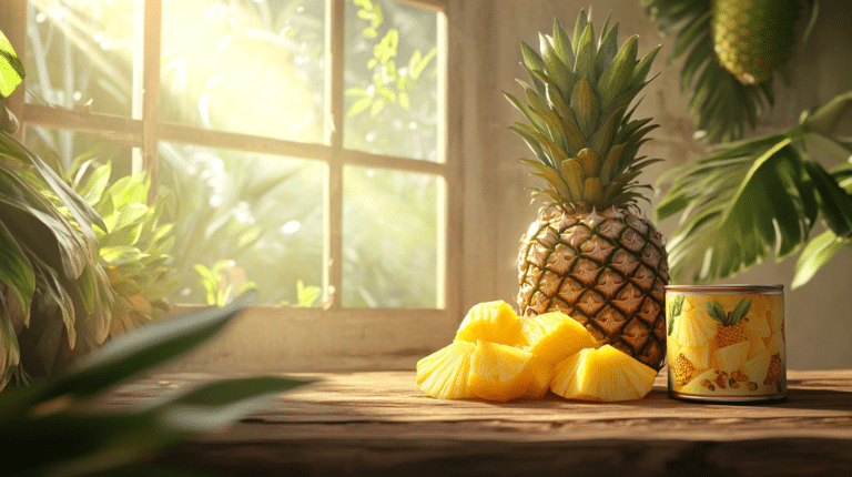 Fresh pineapple and a can of pineapple slices on a rustic kitchen counter.