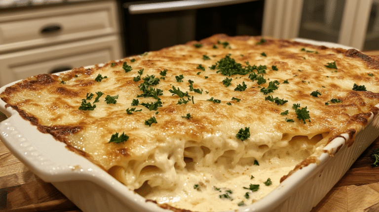 Freshly baked Alfredo lasagna with a golden cheese crust on a rustic wooden table.