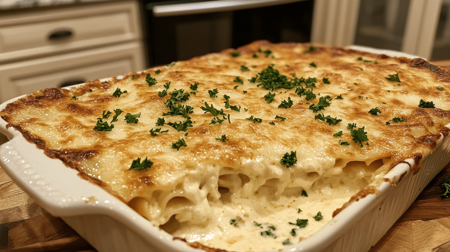 Freshly baked Alfredo lasagna with a golden cheese crust on a rustic wooden table.