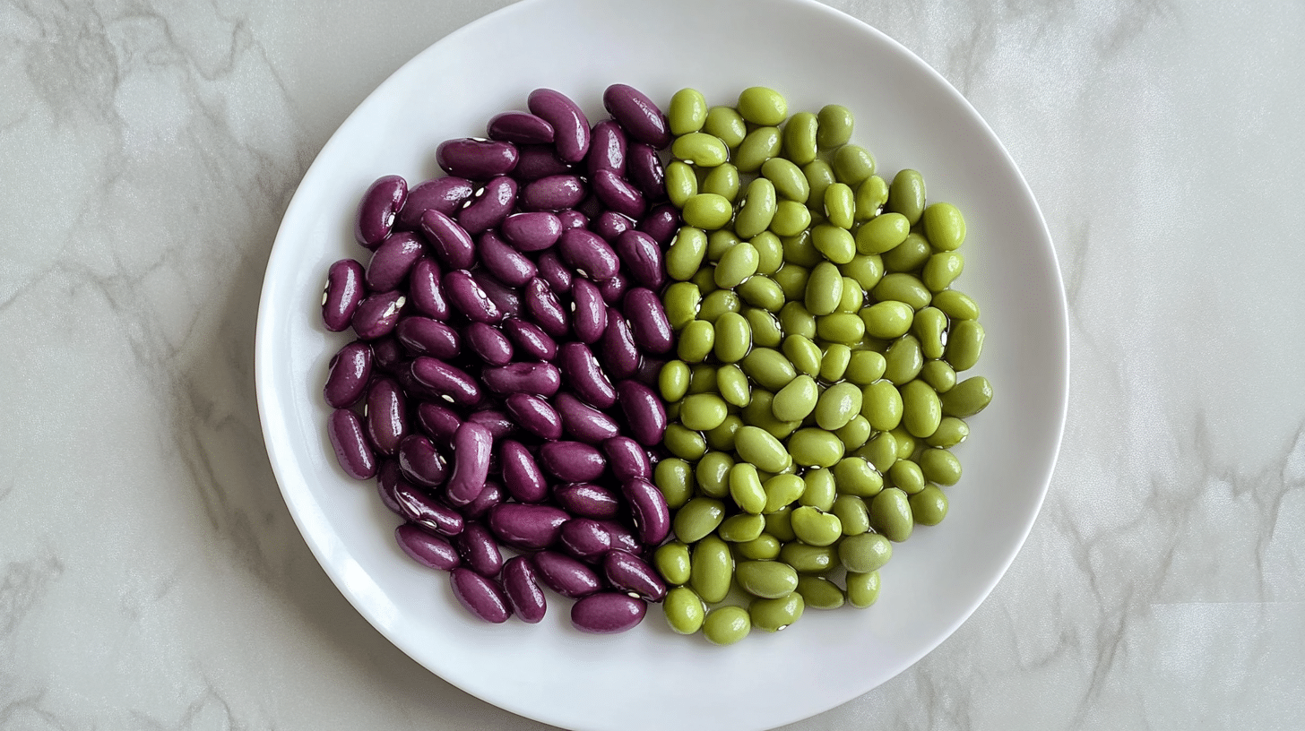 Raw and cooked purple beans side by side on a white plate.
