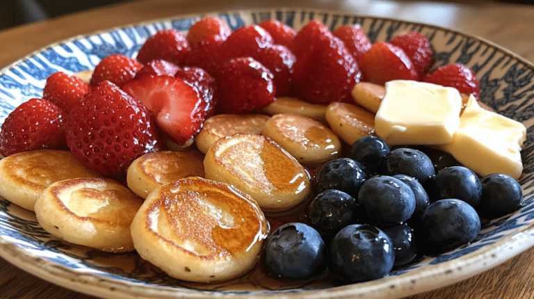 A plate of golden-brown mini pancakes served with syrup and fresh berries