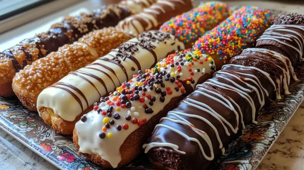 An assortment of Long John donuts with different toppings, including chocolate, vanilla, and sprinkles.