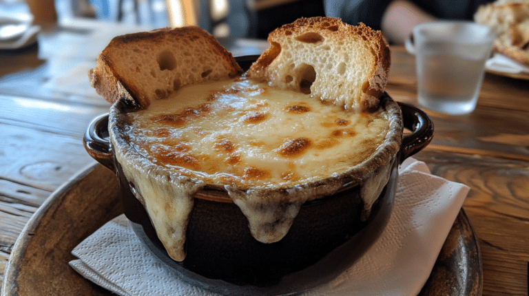 A traditional French soup bowl with onion soup and melted cheese