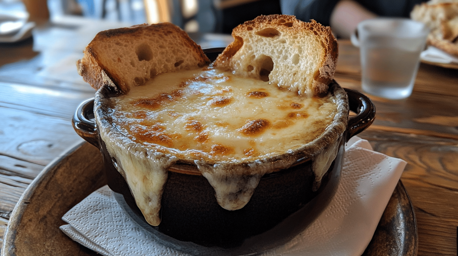 A traditional French soup bowl with onion soup and melted cheese