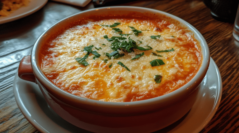 A bowl of creamy tomato soup with perfectly melted Parmesan cheese and basil garnish.