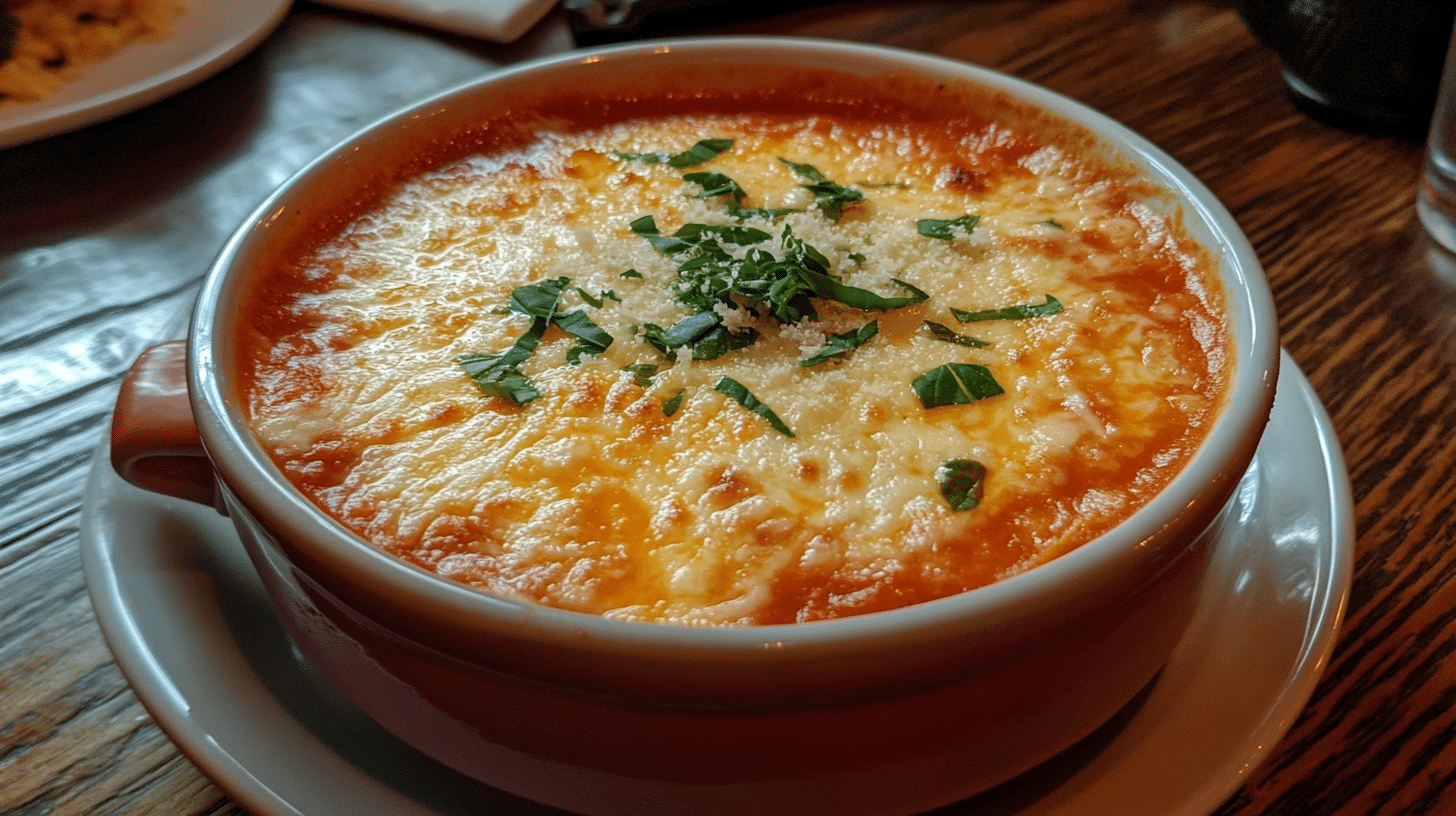 A bowl of creamy tomato soup with perfectly melted Parmesan cheese and basil garnish.