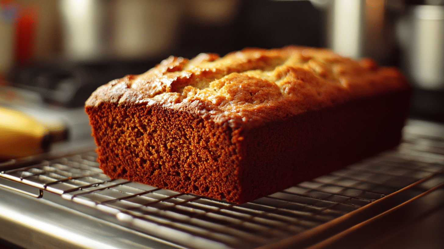 Freshly baked banana bread loaf cooling on a wire rack.