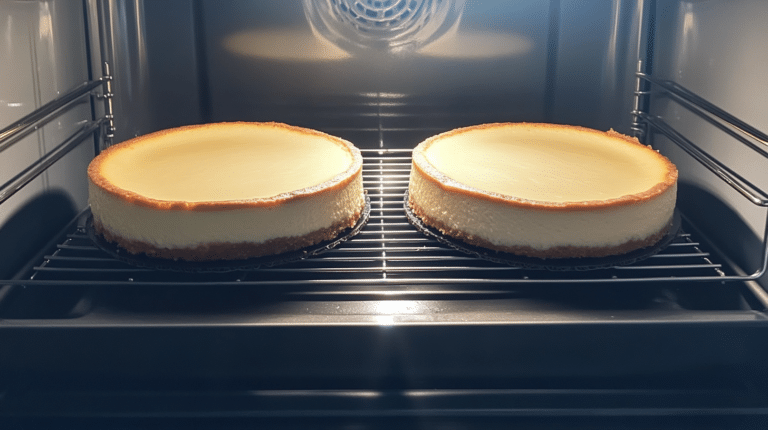 Two cheesecakes baking side by side in an oven.