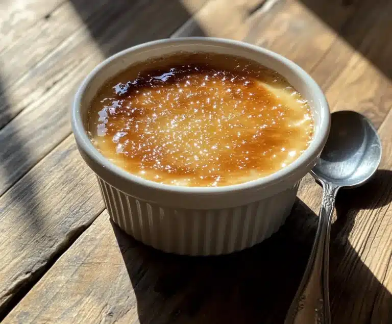 A freshly caramelized Crème Brûlée in a white ramekin with a spoon beside it.