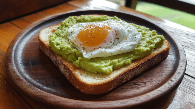 A slice of sourdough toast topped with avocado and egg on a wooden plate.