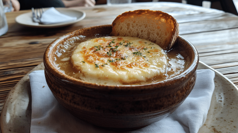 A bowl of French onion soup with melted cheese and a slice of toasted bread.