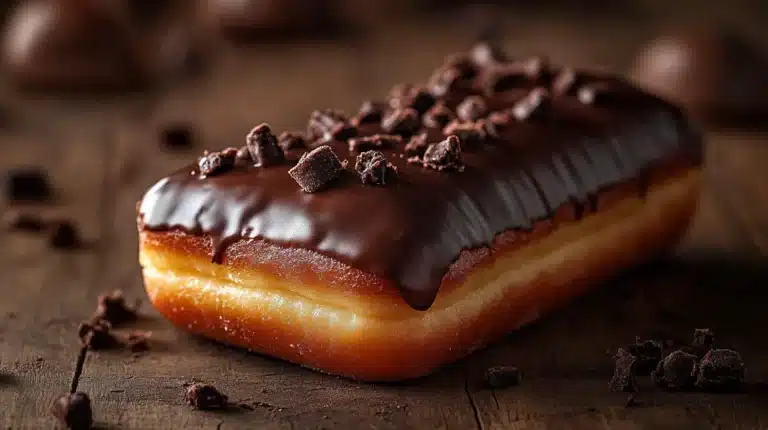 A classic Long John donut with chocolate glaze placed on a wooden table.
