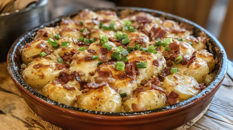 A rustic dish of Mississippi Mud Potatoes served in a casserole dish.