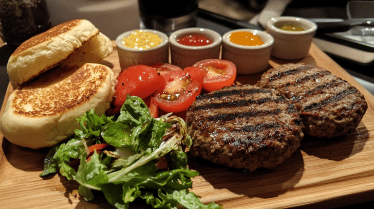 A deconstructed burger artfully displayed on a wooden platter with separated ingredients and condiments in a modern kitchen.