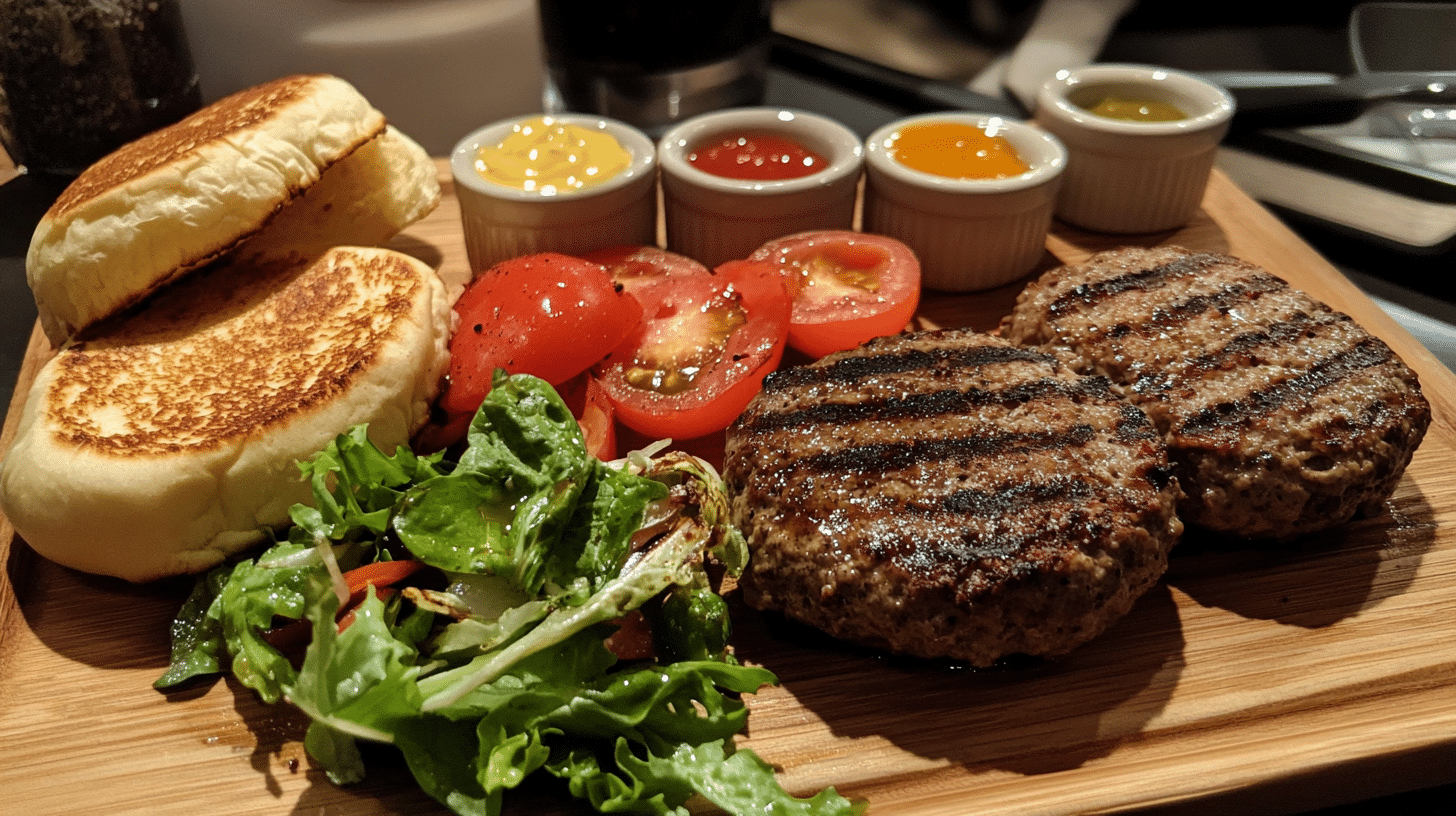 A deconstructed burger artfully displayed on a wooden platter with separated ingredients and condiments in a modern kitchen.