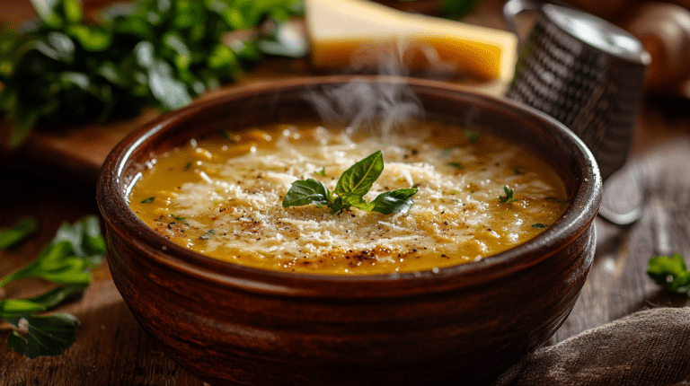 Steaming bowl of creamy soup thickened with Parmesan cheese on a rustic wooden table.