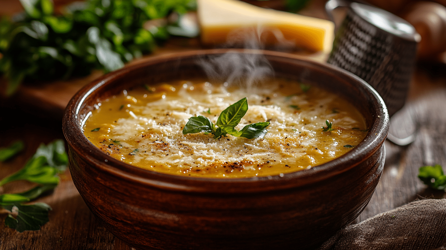 Steaming bowl of creamy soup thickened with Parmesan cheese on a rustic wooden table.