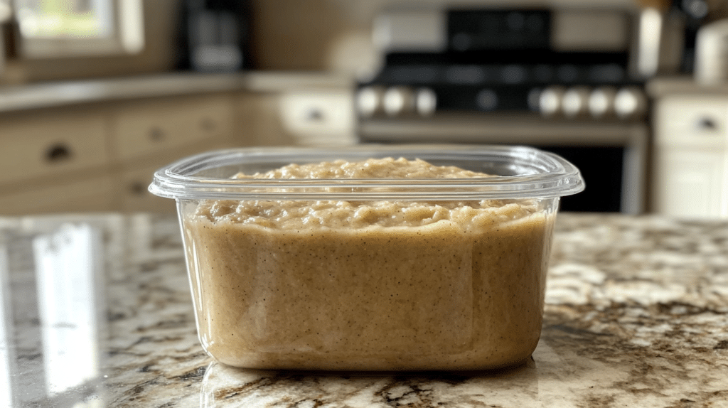 Banana bread batter stored in an airtight container, ready for refrigeration