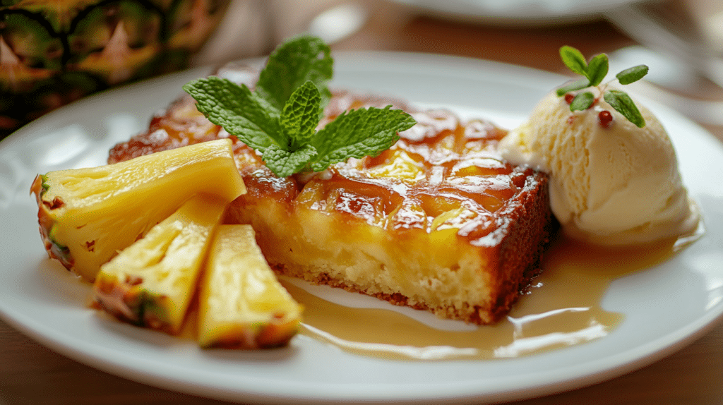 Pineapple upside-down cake with milk glaze and vanilla ice cream