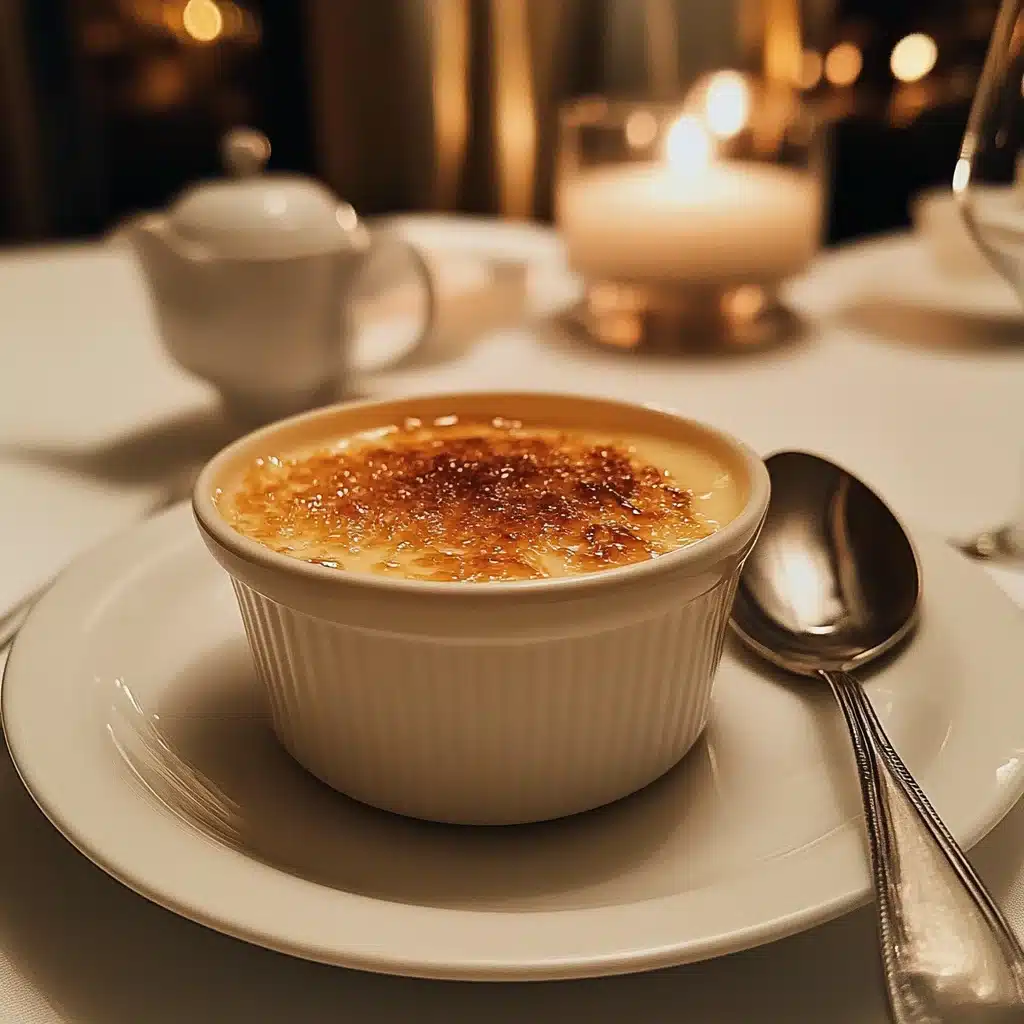 A classic crème brûlée with a caramelized sugar crust served in a white ramekin.