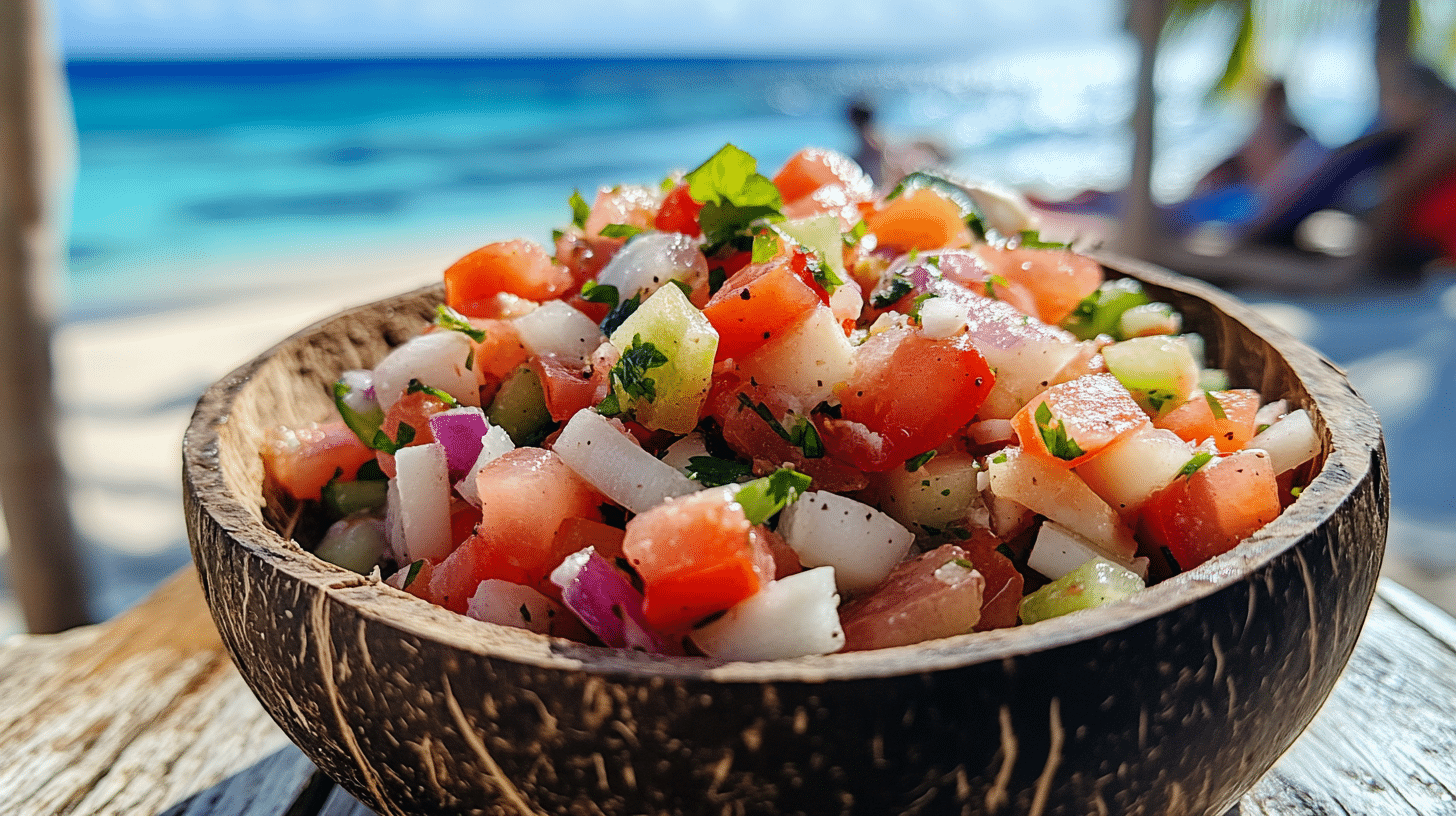 Close-up of a vibrant conch salad in a coconut bowl with fresh vegetables and citrus dressing, set against a tropical beach backdrop.