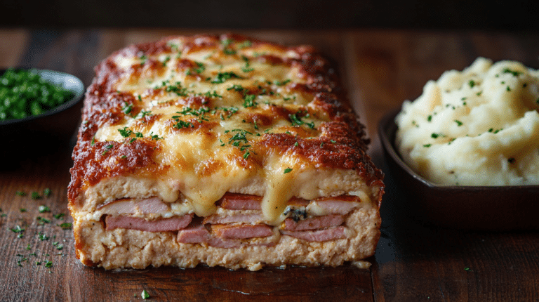 Chicken Cordon Bleu Meatloaf with melted cheese and ham.