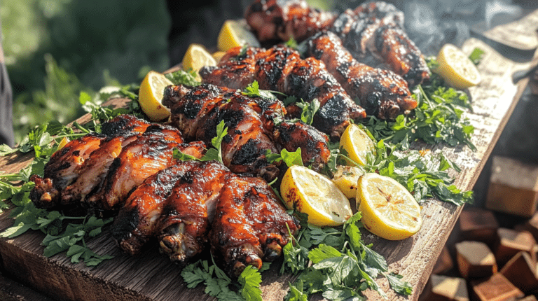 A close-up of golden smoked turkey wings on a wooden board with fresh herbs and lemon.