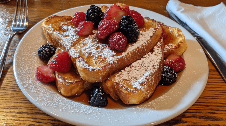 A plate of golden-brown sourdough French toast with fresh berries and maple syrup