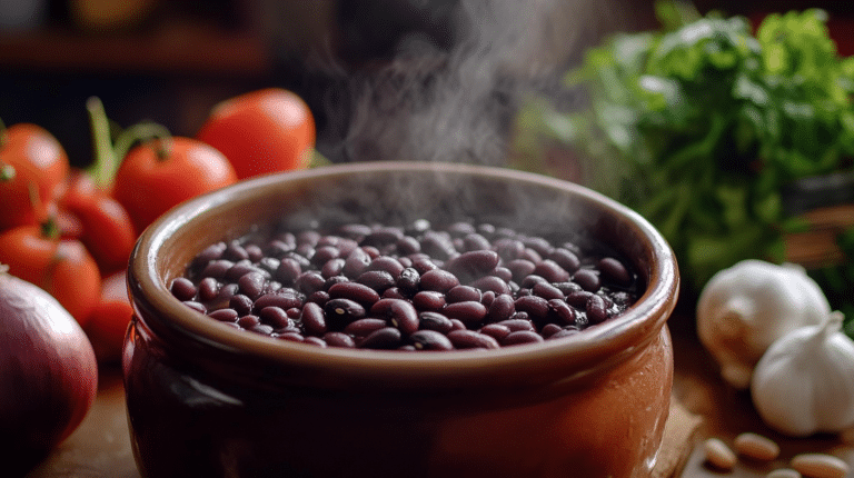 Steaming pot of black beans with a hint of purple color surrounded by fresh vegetables.