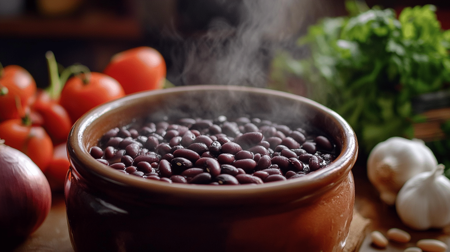 Steaming pot of black beans with a hint of purple color surrounded by fresh vegetables.