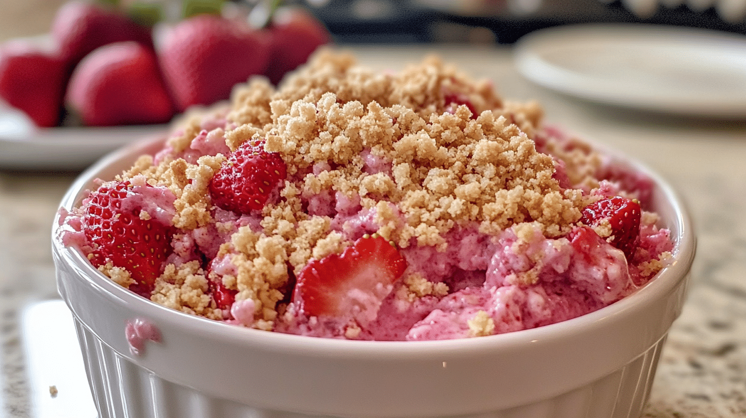 A close-up of homemade strawberry crunch topping in a bowl.