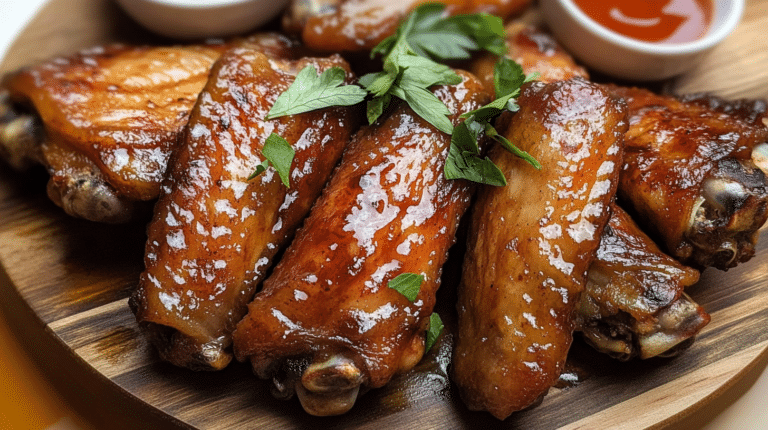Smoked turkey wings served on a rustic wooden plate with garnish.